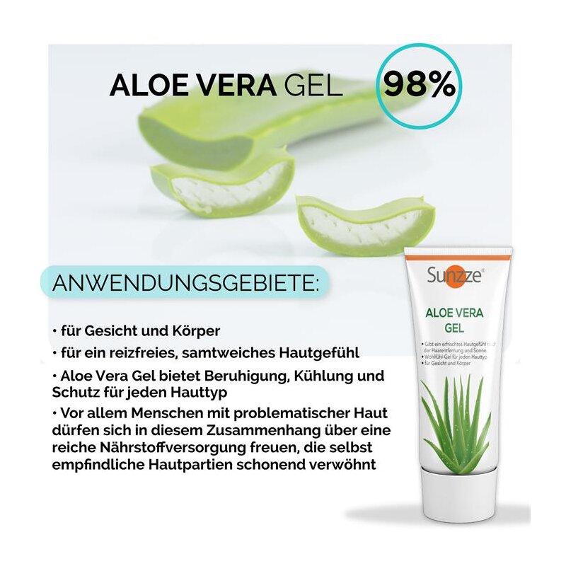 Sunzze Aloe Vera Gel 98% 100ml Kühlendes Nachpflegel